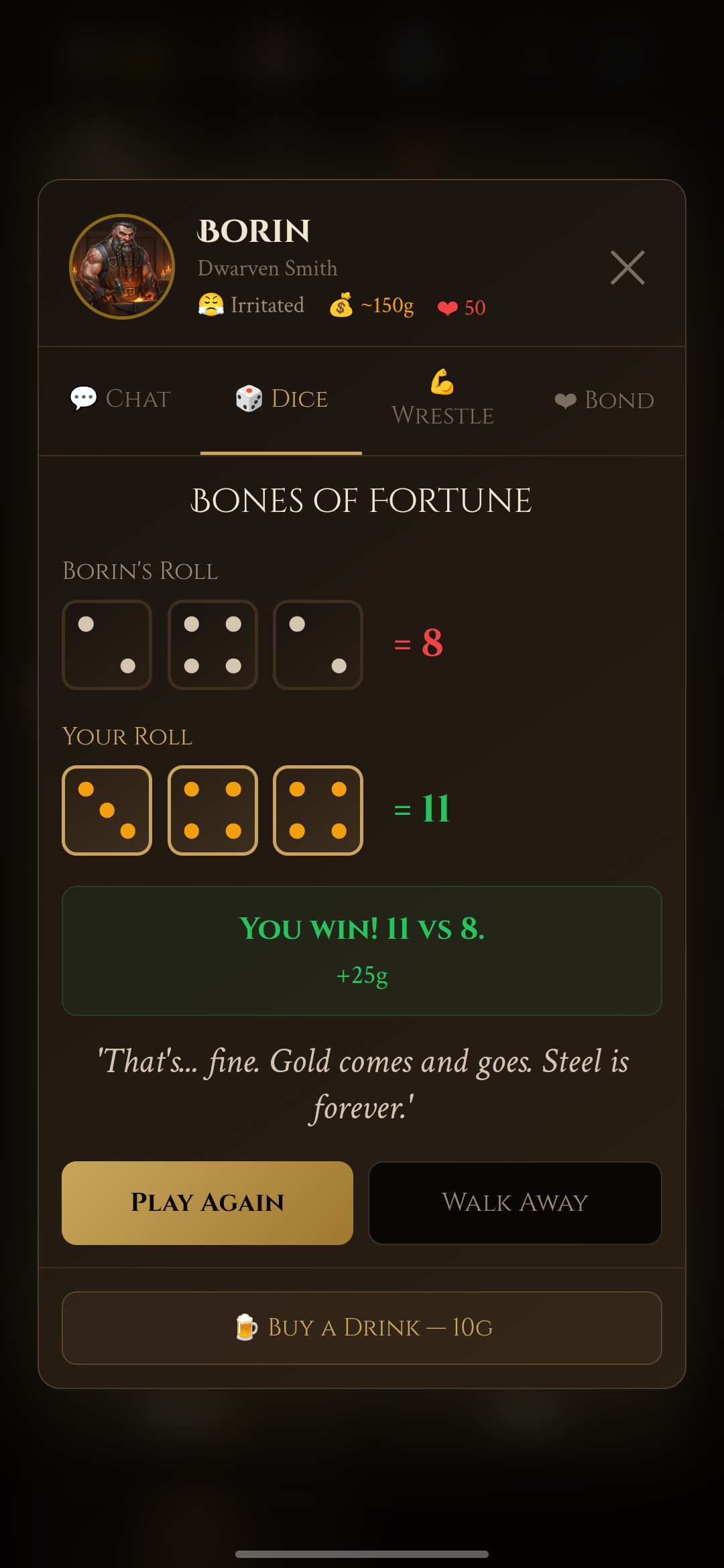 Dice gambling minigame